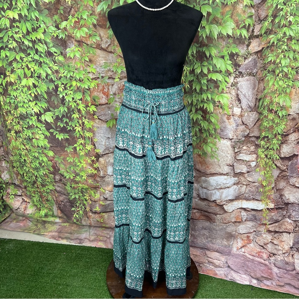 M.A.B.E. Mari Boho Patterned Green Shirred Maxi Skirt, M - Picture 4 of 16